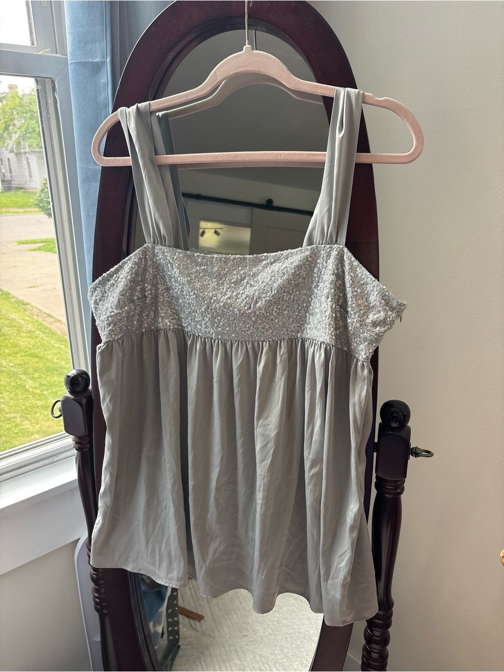 Sequin silver gray Y2K babydoll tank top large